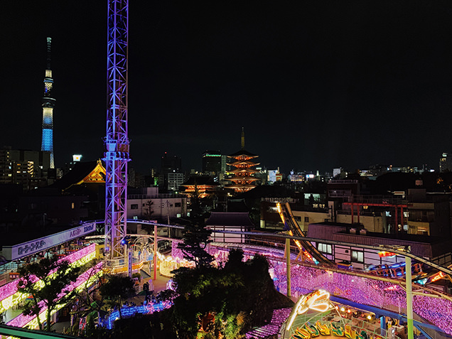 Visit Asakusa's Hanayashiki amusement park at night.